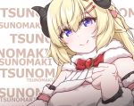  1girl blonde_hair blush bow character_name closed_mouth disco_brando eyebrows_visible_through_hair hair_ornament hairclip highres hololive horns long_hair looking_at_viewer red_bow sheep_horns smile solo tsunomaki_watame upper_body violet_eyes virtual_youtuber 