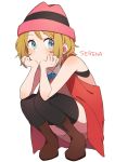  1girl black_legwear blonde_hair blue_eyes blush closed_mouth hat pokemon pokemon_(anime) pokemon_xy_(anime) serena_(pokemon) short_hair simple_background solo unapoppo white_background 