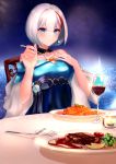  1girl admiral_graf_spee_(a_novel_anniversary)_(azur_lane) admiral_graf_spee_(azur_lane) azur_lane bare_shoulders blue_bow blue_dress blue_eyes bow breasts broccoli cacaofire candle cherry_tomato closed_mouth collarbone commentary cup dress drinking_glass earrings eating english_commentary eyebrows_visible_through_hair eyelashes flower food fork hair_between_eyes hand_on_own_chest highres jewelry looking_at_viewer medium_breasts multicolored_hair night night_sky off-shoulder_dress off_shoulder pasta plate potato potato_wedges red_wine redhead shawl short_hair silver_hair sky smile solo spaghetti star_(sky) starry_sky steak streaked_hair table tomato two-tone_hair wine_glass 
