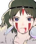  1girl brown_hair closed_mouth earrings facepaint facial_mark fur headband honoboooono jewelry looking_at_viewer mononoke_hime san short_hair simple_background solo white_background 