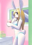  1girl animal_ears blue_bra blue_eyes blue_panties bra bunny_girl bunny_tail cowboy_shot drawer english_commentary finger_licking food furry holding holding_food ice_cream_cone konbudou lace lace-trimmed_bra lace-trimmed_panties licking looking_at_viewer navel original panties rabbit rabbit_ears solo tail tongue tongue_out underwear white_fur window 