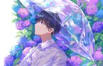  1boy absurdres ajisai_(artist) bangs black_hair blue_eyes dress_shirt dripping expressionless flower highres holding holding_umbrella hydrangea looking_away looking_up male_focus original profile rain shirt solo transparent transparent_umbrella umbrella upper_body wet wet_clothes wet_hair wet_shirt 