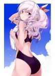  1girl ass black_swimsuit blue_eyes blue_sky clouds commentary_request competition_swimsuit cowboy_shot from_behind kantai_collection kashima_(kantai_collection) looking_back one-piece_swimsuit sidelocks silver_hair sky solo swimsuit twintails wavy_hair yumesato_makura 