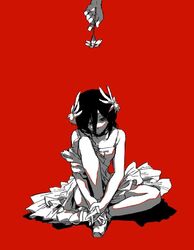  1girl ballerina black_choker chainsaw_man child choker dress fingers_together flower hair_between_eyes hair_ornament holding holding_flower knee_to_chest looking_down medium_hair red_background reze_(chainsaw_man) short_hair simple_background sitting solo white_dress yough42 younger 