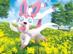  3d 5ban_graphics :d blue_eyes blue_sky clouds cloudy_sky commentary creature day english_commentary flower full_body gen_6_pokemon grass happy looking_at_viewer multiple_sources no_humans official_art open_mouth outdoors pokemon pokemon_(creature) pokemon_trading_card_game sky smile solo sylveon third-party_source tree 