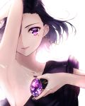  1girl amethyst_(gemstone) arm_up armpits bare_shoulders black_hair collarbone dress earrings forehead gem hair_over_one_eye highres holding hoop_earrings jewelry kusaka_kou looking_at_viewer mole mole_under_eye nail_polish original purple_dress purple_nails short_hair simple_background smile solo upper_body violet_eyes white_background 