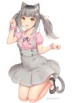  1girl :3 :d animal_ears black_neckwear black_ribbon blush brown_footwear cat_ears cat_tail double-breasted eyebrows_visible_through_hair grey_hair grey_ribbon grey_skirt hair_ornament hair_ribbon hairclip looking_at_viewer neck_ribbon open_mouth original paw_pose pink_shirt pleated_skirt puffy_short_sleeves puffy_sleeves ribbon sasaame shirt shoes short_sleeves simple_background skirt smile socks solo suspender_skirt suspenders tail twintails twitter_username white_background white_legwear wristband yellow_eyes 