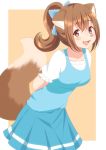  1girl animal_ears animal_nose blue_bow blue_skirt blush bow breasts brown_hair commentary_request cowboy_shot fang fox_ears fox_tail hair_bow long_hair open_mouth original pink_eyes pleated_skirt ponytail roina simple_background skirt solo tail 
