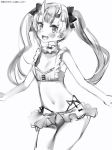  1girl :d bikini bikini_skirt blush bow breasts cowboy_shot fang frilled_bikini frills greyscale hair_bow highres hololive horns legs_together looking_at_viewer monochrome nakiri_ayame nanashi_(nlo74593630) navel oni_horns open_mouth oversized_breast_cup side-tie_bikini simple_background skin_fang small_breasts smile solo standing swimsuit twintails virtual_youtuber white_background 
