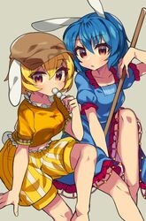  2girls animal_ears bangs blonde_hair blue_hair blue_shirt blue_skirt breasts brown_headwear bunny_tail dango eating eyebrows_visible_through_hair flat_cap floppy_ears food grey_background hat highres holding multiple_girls navel open_mouth orange_shirt rabbit_ears ringo_(touhou) sakaki_(utigi) seiran_(touhou) shirt short_hair short_sleeves shorts simple_background skirt skirt_set striped striped_shorts tail touhou wagashi 