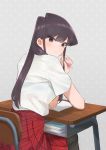  1girl black_eyes black_hair black_legwear blush commentary_request desk eyebrows_visible_through_hair eyelashes from_behind grey_background hair_over_shoulder hand_up highres holding holding_pencil komi-san_wa_komyushou_desu komi_shouko leaning_forward long_hair looking_back pencil pleated_skirt red_skirt school_uniform shiny shiny_hair shirt short_sleeves sidelocks sitting skirt solo striped striped_skirt takita_(takita3411) white_shirt 