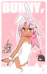  1girl :d alternate_costume animal_ears bangs bare_arms bare_shoulders bunny_tail bunnysuit chibi chibi_inset chloe_von_einzbern commentary dark_skin eyebrows_visible_through_hair fake_animal_ears fake_tail fang fate/kaleid_liner_prisma_illya fate_(series) flat_chest hair_between_eyes hairband heart illyasviel_von_einzbern leotard long_hair looking_at_viewer miyu_edelfelt open_mouth orange_eyes outline pink_background pink_hair rabbit_ears simple_background skin_fang smile solo_focus star tail white_hairband white_leotard white_outline wrist_cuffs yoru_nai 