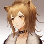  1girl animal_ears arknights bangs black_choker black_jacket blush brown_eyes brown_hair choker collarbone fur-trimmed_jacket fur_trim gradient gradient_background grey_background highres jacket lion_ears long_hair looking_at_viewer portrait shao_(shao09320653) siege_(arknights) solo white_background 