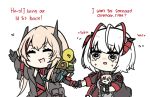  3girls ahoge arknights black_gloves black_jacket chibi closed_eyes creepy_himecchi crossover english_commentary english_text girls_frontline gloves headgear holding_hands jacket light_brown_hair long_hair long_sleeves m4_sopmod_ii_(girls_frontline) m4_sopmod_ii_jr megaphone mod3_(girls_frontline) multicolored_hair multiple_girls open_mouth redhead ro635_(dinergate) short_hair simple_background streaked_hair w_(arknights) white_background white_hair 