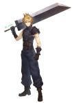  1boy artist_name bare_shoulders blonde_hair boots brown_footwear brown_gloves buster_sword cloud_strife commentary_request final_fantasy final_fantasy_vii frown gloves green_eyes hair_between_eyes highres holding holding_sword holding_weapon looking_at_viewer male_focus messy_hair short_hair shouhei shoulder_pads simple_background solo spiky_hair sword weapon white_background 