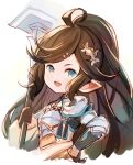  1girl ahoge aqua_eyes brown_hair granblue_fantasy hammer harvin holding holding_weapon meito_(maze) open_mouth pointy_ears polaris_(granblue_fantasy) smile solo weapon 