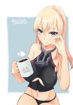  1girl alakoala bare_shoulders bismarck_(kantai_collection) blonde_hair blue_eyes breasts cleavage_cutout coffee cup dated eyebrows_visible_through_hair groin hair_between_eyes highres holding holding_cup kantai_collection large_breasts long_hair navel no_hat no_headwear solo twitter_username 