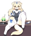  animal_ear_fluff animal_ears blue_bow blush bow breasts breasts_apart clipboard commentary curvy dog dog_ears dog_girl dog_tail elbow_gloves furry gloves large_breasts long_hair original plump sitting snout tail thigh-highs two-tone_fur white_fur white_gloves white_legwear wkar yellow_fur 