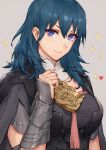  1girl armor armored_dress bangs black_cape black_dress blue_eyes blue_hair bracer breasts byleth_(fire_emblem) byleth_eisner_(female) cape closed_mouth dress fire_emblem fire_emblem:_three_houses grey_background haoni highres large_breasts long_hair looking_at_viewer medallion pauldrons simple_background smile solo sparkle tassel 