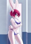  1girl animal_ears blue_eyes blush breasts bunny_girl bunny_tail cowboy_shot crossed_arms english_commentary furry konbudou large_breasts looking_at_viewer looking_to_the_side original pink_hair rabbit rabbit_ears short_hair snout solo tail underwear white_fur 