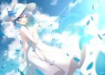  1girl :d absurdres bangs blue_bow blue_eyes blue_flower blue_hair blue_ribbon blue_sky blush bow clouds day dress dutch_angle floating_hair flower hair_between_eyes hat hat_bow hat_ribbon highres holding holding_flower hololive hoshimachi_suisei long_dress long_hair open_mouth outdoors petals ribbon shiny shiny_hair signature sky sleeveless sleeveless_dress smile solo standing sun_hat sundress taku3949 virtual_youtuber white_dress white_headwear 