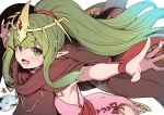  1girl bracelet dress fire_emblem fire_emblem:_mystery_of_the_emblem green_eyes green_hair highres jewelry long_hair nakabayashi_zun open_mouth outstretched_arms pink_dress pointy_ears ponytail simple_background solo spread_arms tiara tiki_(fire_emblem) white_background 
