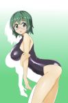  1girl ass bare_legs bare_shoulders bent_over black_leotard blush breasts covered_nipples glasses gradient gradient_background green_eyes green_hair highres infinite_stratos large_breasts leotard looking_at_viewer open_mouth profile shiny shiny_clothes shiny_hair shiny_skin short_hair skin_tight solo soracone standing yamada_maya_(infinite_stratos) 