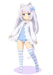  1girl animal_ears ass_visible_through_thighs blue_bow blue_eyes blue_legwear blue_swimsuit blush bow breasts cat_ears cat_tail closed_mouth covered_navel eyebrows_visible_through_hair full_body grey_hair hair_bow jacket long_hair long_sleeves looking_at_viewer neck_ribbon original purple_neckwear purple_ribbon ribbon sasaame school_swimsuit simple_background small_breasts solo standing striped striped_legwear swimsuit tail thigh-highs white_background white_jacket 