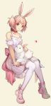  1girl animal animal_ears animal_on_lap ankle_ribbon arm_support bare_arms bare_shoulders beige_background breasts choker closed_mouth collarbone commentary cross-laced_footwear detached_sleeves dot_nose dress fake_animal_ears full_body hair_between_eyes hair_ribbon happy head_tilt highres kaname_madoka knees_together_feet_apart looking_at_viewer mahou_shoujo_madoka_magica pink_eyes pink_footwear pink_hair pink_ribbon puffy_short_sleeves puffy_sleeves rabbit rabbit_ears red_choker red_neckwear ribbon short_dress short_sleeves short_twintails signature simple_background sitting sleeveless sleeveless_dress small_breasts smile solo symbol_commentary thigh-highs twintails velahka white_dress white_legwear white_ribbon zettai_ryouiki 