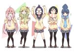  &gt;_&lt; ... 5girls absurdres ahoge animal bangs_pinned_back black_hair black_legwear blonde_hair blue_hair chikuwa_(yurucamp) closed_eyes commentary dog eyebrows_visible_through_hair front_ponytail full_body glasses green_eyes hair_bun highres holding_dog inuyama_aoi jitome kagamihara_nadeshiko kneehighs loafers long_hair multiple_girls n2midori no_mouth oogaki_chiaki opaque_glasses pantyhose pink_hair purple_hair saitou_ena scarf school_uniform shima_rin shoes short_hair side_ponytail simple_background spoken_ellipsis thick_eyebrows twintails yurucamp 