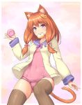  1girl animal_ears blush bow bowtie brown_legwear cat_ears cat_tail commentary doughnut eyebrows_visible_through_hair food hair_ornament hand_up heart heart_hair_ornament holding jacket leotard long_sleeves looking_at_viewer low_twintails mouth_hold navel one-piece_swimsuit open_clothes open_jacket orange_hair original pink_swimsuit purple_neckwear purple_sailor_collar ribbed_leotard sailor_collar sasaame school_swimsuit school_uniform serafuku smile solo swimsuit tail thigh-highs twintails twitter_username violet_eyes yellow_jacket 