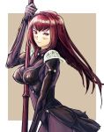  1girl between_breasts blush bodysuit breasts closed_mouth fate/grand_order fate_(series) highres holding large_breasts long_hair looking_at_viewer ooe_yamaken polearm purple_bodysuit purple_hair red_eyes scathach_(fate)_(all) scathach_(fate/grand_order) smile solo spear very_long_hair weapon 