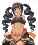  1girl :d apron bangs black_hair blunt_bangs blush bow bowtie breasts drill_hair eyebrows_visible_through_hair hairband looking_at_viewer maid medium_breasts navel open_mouth orange_apron orange_bow orange_neckwear original own_hands_together red_eyes sasaame simple_background smile solo stomach twin_drills twitter_username waist_apron waist_cape white_background wristband 
