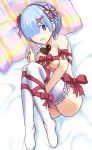  1girl arm_ribbon bed_sheet blue_eyes blue_hair bow breasts collarbone fetal_position flower garters hair_flower hair_ornament hair_over_one_eye hair_ribbon hairband heart highres konimaru looking_at_viewer lying medium_breasts naked_ribbon on_side open_mouth pantyhose re:zero_kara_hajimeru_isekai_seikatsu red_flower red_hairband red_ribbon rem_(re:zero) ribbon shiny shiny_hair short_hair solo thighband_pantyhose under_boob white_legwear 