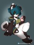  1girl :3 animal_ears black_fur commentary dog dog_ears dog_girl dog_tail furry green_eyes green_hair hood hoodie looking_at_viewer original pawpads short_hair sitting snout snowangel_(artist) solo tail thick_thighs thighs two-tone_fur watermark white_fur 