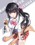  1girl ;p bangs black_hair blush bow breasts brown_cardigan bubble_tea cardigan cardigan_around_waist closed_mouth collared_shirt commentary_request cup disposable_cup dress_shirt drinking_straw eyebrows_visible_through_hair hair_bow highres holding holding_cup leaning_forward long_hair looking_at_viewer medium_breasts nekozuki_yuki one_eye_closed original pink_bow plaid plaid_skirt pleated_skirt red_eyes red_skirt school_uniform shirt signature skirt smile solo striped striped_bow tongue tongue_out twintails twitter_username v-shaped_eyebrows very_long_hair white_shirt 