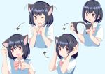  1girl :d animal_ears black_hair blush bow bowtie cat_ears commentary_request fake_animal_ears fang medium_hair multiple_views open_mouth original pink_neckwear red_eyes roina smile transformation 