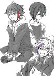  3boys ;d ahoge bangs blue_hair blush collarbone drawstring eyebrows_visible_through_hair fuwa_minato hair_between_eyes hood hood_down hooded_jacket hoodie jacket long_sleeves looking_at_viewer male_focus mayuzumi_kai monochrome multicolored_hair multiple_boys nijisanji one_eye_closed open_clothes open_jacket open_mouth pants parted_lips purple_hair redhead saegusa_akina shirt shoes simple_background sleeves_past_wrists smile spot_color streaked_hair turtleneck white_background yamabukiiro 