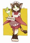  1girl ? animal_ears bell brown_hair cat cat_ears cat_girl cat_tail commentary_request digitigrade furry green_eyes holding holding_tray long_hair maid_headdress open_mouth original parfait simple_background solo standing striped_tail tail tray white_fur yow 