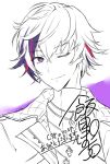  1boy closed_mouth coat fuwa_minato greyscale looking_at_viewer male_focus monochrome multicolored_hair nijisanji one_eye_closed pochi_(pochi-goya) purple_background purple_hair redhead signature sketch smile solo spot_color streaked_hair upper_body violet_eyes virtual_youtuber 