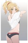  1girl ass back bangs bare_shoulders bikini black_bikini blush border braid breasts fate/apocrypha fate_(series) french_braid gradient gradient_background green_eyes grey_background hair_ornament hair_scrunchie long_hair looking_at_viewer mordred_(fate) mordred_(fate)_(all) ponytail red_scrunchie scrunchie shirt shirt_lift short_sleeves sidelocks small_breasts solo sports_bikini swimsuit thighs tonee white_border white_shirt 