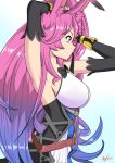  1girl adjusting_hair animal_ears armpits arms_up black_coat blue_background blue_hair breasts cleo_(dragalia_lost) coat commentary detached_sleeves dragalia_lost from_side gradient gradient_background gradient_hair hand_in_hair hexel_chan large_breasts long_hair multicolored_hair pink_eyes pink_hair rabbit_ears sideboob signature simple_background solo upper_body very_long_hair watermark white_background wrist_cuffs 