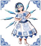  1girl ;) adapted_costume blue_eyes blue_hair bow cirno collarbone commentary_request dress eyebrows_visible_through_hair fairy_wings full_body hair_between_eyes hair_bow hairband highres ice ice_wings looking_at_viewer mary_janes mefomefo mexican_dress mexico no_socks off-shoulder_dress off_shoulder one_eye_closed plate shoes short_hair simple_background sleeveless smile solo spanish_commentary touhou white_background white_dress wings 