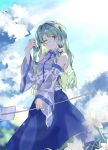  &gt;:) 1girl backlighting bangs blue_eyes blue_skirt blurry blurry_background blush closed_mouth clouds cloudy_sky collared_shirt commentary day detached_sleeves droplet flower frog_hair_ornament gohei green_hair hair_ornament hair_tubes hand_in_hair hand_up highres holding holding_hair kochiya_sanae long_hair long_skirt long_sleeves looking_at_viewer one_eye_closed outdoors outstretched_arm rainbow shiny shiny_hair shirt skirt sky sleeveless sleeveless_shirt smile smug snake_hair_ornament solo swept_bangs tamiku_(shisyamo609) touhou v-shaped_eyebrows water wet wet_clothes wet_shirt white_flower white_shirt wide_sleeves 