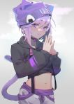  1girl :3 absurdres animal_ears bangs beanie blush cat_ears cat_tail choker closed_mouth collarbone commentary grey_background hat highres hololive hood hoodie long_sleeves looking_at_viewer midriff nekomata_okayu purple_hair shika002 short_hair sidelocks simple_background smile solo steepled_fingers suspenders tail violet_eyes virtual_youtuber 