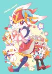  absurdres blue_background bunny_focus cinderace commentary_request creature english_text flower full_body gen_8_pokemon highres holding_egg minamo_(pixiv17726065) no_humans pokemon pokemon_(creature) rabbit raboot ribbon scorbunny simple_background striped striped_ribbon 