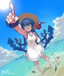  1girl absurdres bangs blue_eyes blue_hair boridongja breasts clouds day dress hand_on_hip hat highres ikamusume index_finger_raised long_hair medium_breasts outdoors partially_submerged pointing sandals sandals_removed shinryaku!_ikamusume signature sky sleeveless sleeveless_dress smile solo standing straw_hat sun sweat tentacle_hair tentacles water white_dress 