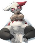  black_legwear blush breasts brown_eyes fat furry gen_3_pokemon kemonomohumohu large_breasts looking_at_viewer navel open_mouth pokemon red_sclera ribbed_sweater simple_background sitting slit_pupils sweater thigh-highs white_background white_fur zangoose 