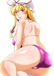 1girl adapted_costume ass back bare_legs bikini blonde_hair blush breasts closed_mouth commentary eyebrows_visible_through_hair eyelashes fat_mons from_behind hair_between_eyes hair_ribbon hat highres lips long_hair looking_at_viewer medium_breasts mob_cap purple_bikini ribbon shiraue_yuu sideboob simple_background smile solo straight_hair swimsuit thick_thighs thighs touhou tress_ribbon underwear underwear_only violet_eyes white_background white_headwear yakumo_yukari 