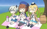  3girls anthony_(warship_girls_r) blanket blonde_hair blue_sky braine_(warship_girls_r) brown_hair cassin_young_(warship_girls_r) character_request cherry_blossoms cookie cup day eating food grass hamu_koutarou hanami hat highres holding holding_food mini_hat multiple_girls ocean outdoors picnic picnic_basket shoe_removed sky star tea thermos tree twintails warship_girls_r 